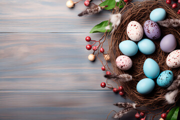 Easter eggs in a nest on a wooden table. Easter background, wallpaper. Christian holiday