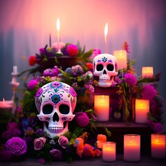 Day of the Dead soft pastel painted skull head candle flower altar background generative ai  Cinematic day lighting art
