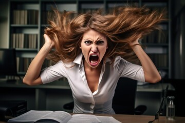 businesswomen pulling his hair with angry, middle of the night at office