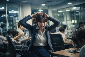 Fototapeta na wymiar businesswomen pulling his hair with angry, middle of the night at office