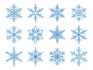 Snowflake for snow design. Blue silhouette snowflakes isolated on white background. Freeze symbol. Snow flake icon. Ice crystal graphic. Clipart for winter prints. Simple shape. Vector illustration