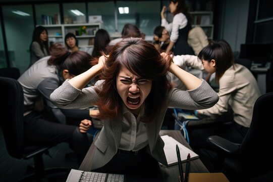 businesswomen pulling his hair with angry, middle of the night at office