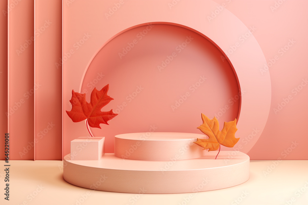 Poster 3d podium products display background with autumn leaves,mushrooms,animal on the left with copy spac
