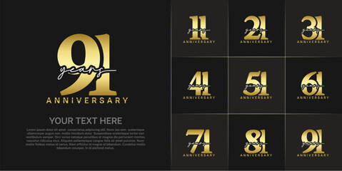 set of anniversary logo with golden number and white handwriting text can be use for celebration