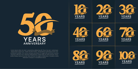 set of anniversary logo with yellow color number, swoosh and ribbon can be use for celebration