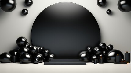Round black empty podium surrounded by black balloons, Promotional sale or advertising concept, Cosmetic offers.