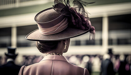  woman in beautiful hat at ascot racecourse, attending horse racing from behind. generative ai. - Powered by Adobe
