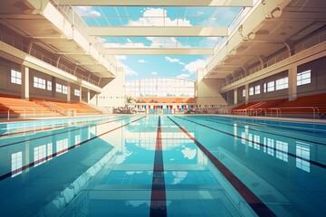 Illustrated Olympic-sized indoor swimming pool for sport training. Generative AI