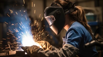 Female welder, Woman in welding helmet working on piece of metal in workshop with sparks flying around.