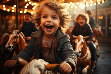 A happy young girl or boy expressing excitement while on a colorful carousel, merry-go-round, having fun at an amusement park
