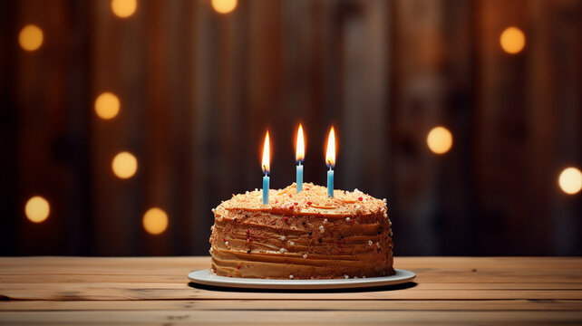 burning candles with birthday cake on blurred background