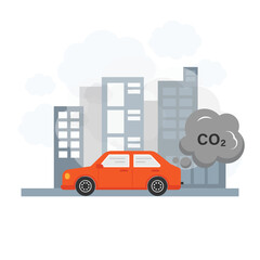 Car air pollution. Smoke from car cover the city and the sky. Vehicle toxic pollution vector illustration