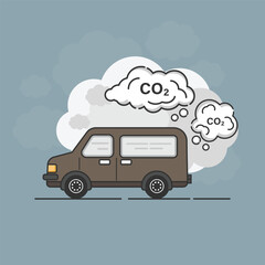 Van air pollution. Smoke from car exhaust into air vector illustration