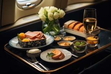 Fototapeta na wymiar High-end luxury food, Caviar in the first class of the plane.