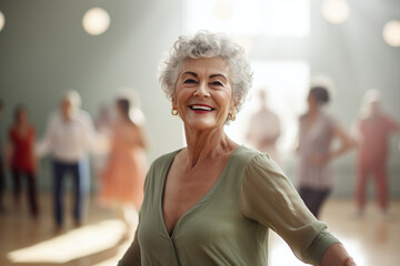 Fototapeta na wymiar Old woman with green t-shirt is happy in an indoor dance fitness class with retired friends, having fun enjoying, and celebrating, sunlight from the window