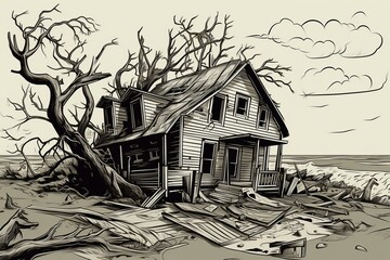 Illustration of a house devastated by a hurricane. Generative AI