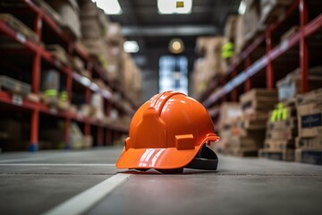 Safety helmet on warehouse floor. First aid, safety, health insurance. Emergency accident. Generative AI - obrazy, fototapety, plakaty