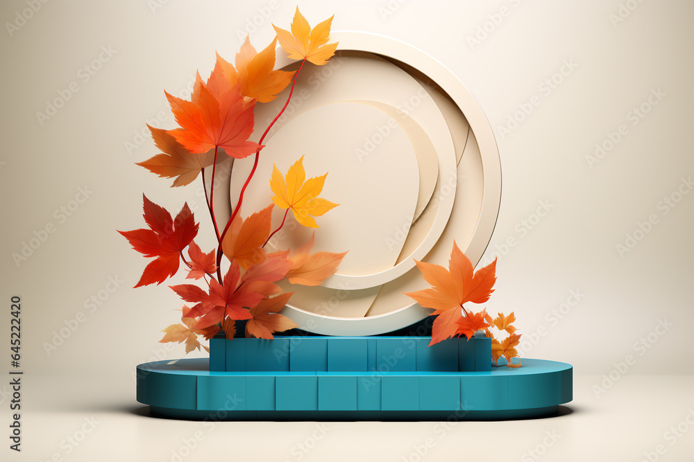 Poster 3d podium products display background with autumn leaves,mushrooms,animal on the left with copy spac