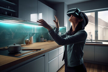 Woman working from home kitchen using virtual reality glasses headset to connect with the metaverse and communicate, productivity future - obrazy, fototapety, plakaty