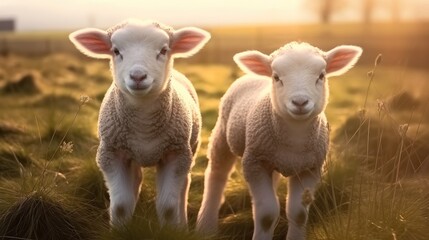 Obraz premium Two young lamb sheep on spring meadow.