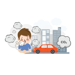 Fototapeta na wymiar People wearing mask for protecting from air smoke city car pollution cartoon character vector flat illustration.