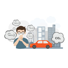 People wearing mask for protecting from air smoke city car pollution cartoon character vector flat illustration.