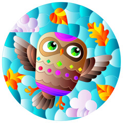 An illustration in the style of a stained glass window with bright cartoon owl on a background of blue sky and leaves, round image