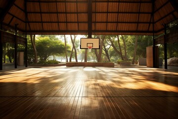 Fototapeta premium Sunlight intensifies the vibe of real wooden basketball court. Generative AI