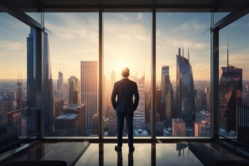 Back view of a Scandinavian businessman in a formal suit in front of a window of his office on backdrop of skyscrapers in the business district of the city. Success and prosperity. Hard work in