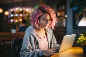 woman designer working on computer , night time, AI Generated