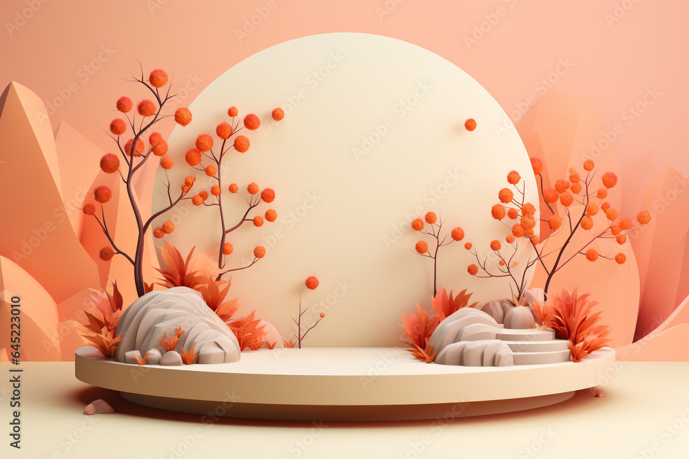 Poster 3d podium products display background with autumn leaves,mushrooms,animal on the left with copy spac