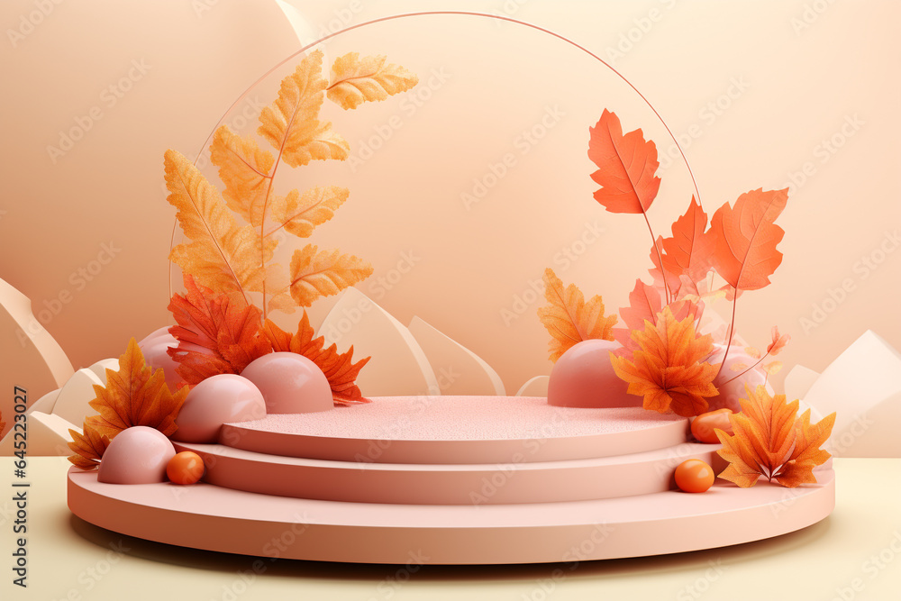 Poster 3d podium products display background with autumn leaves,mushrooms,animal on the left with copy spac
