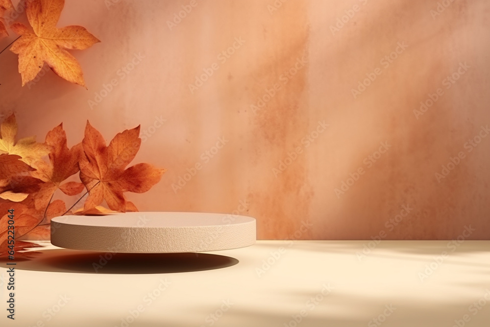 Poster 3d podium products display background with autumn leaves,mushrooms,animal on the left with copy spac