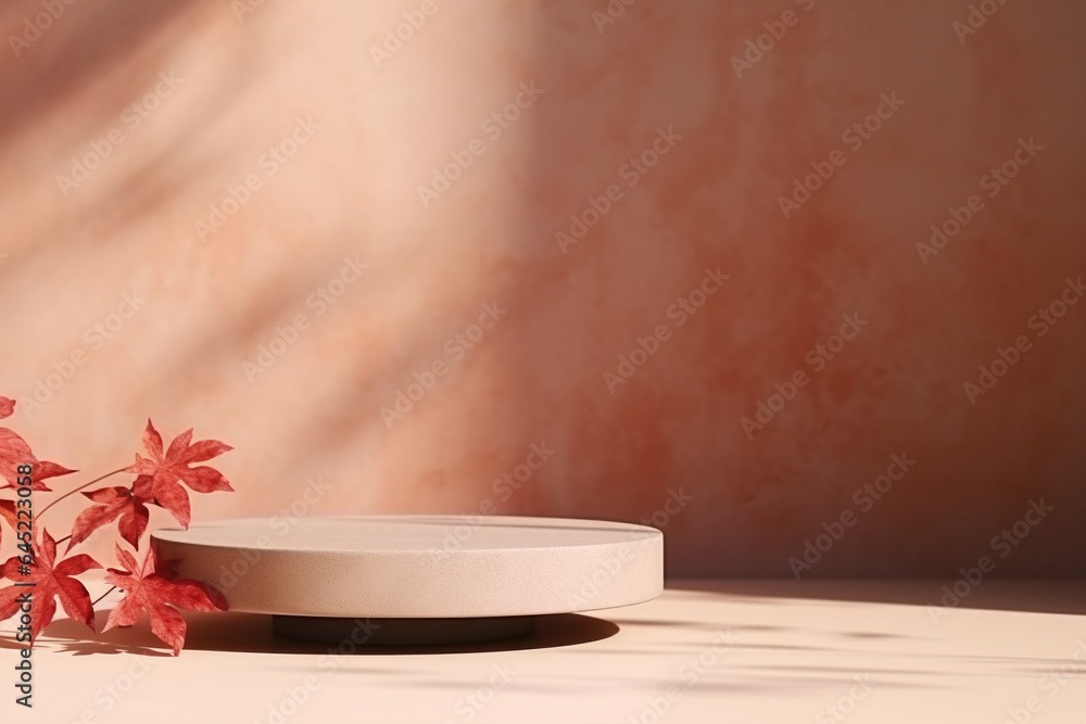Poster 3d podium products display background with autumn leaves,mushrooms,animal on the left with copy spac