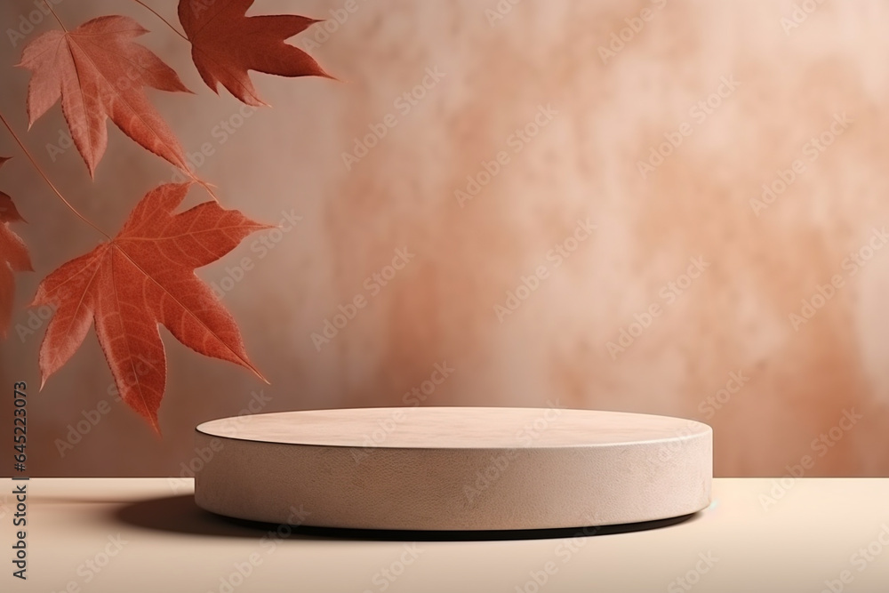 Poster 3d podium products display background with autumn leaves,mushrooms,animal on the left with copy spac