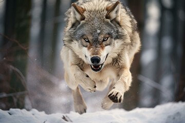 Furious wolf leaping while hunting. Generative AI