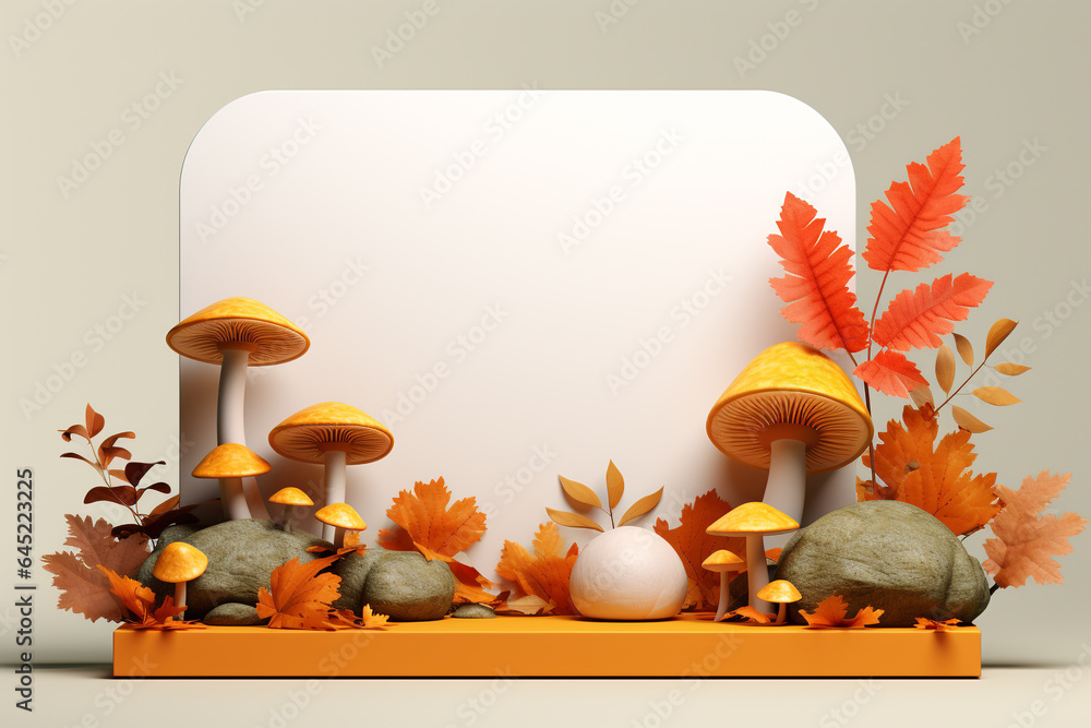 Poster 3d podium products display background with autumn leaves,mushrooms,animal on the left with copy spac