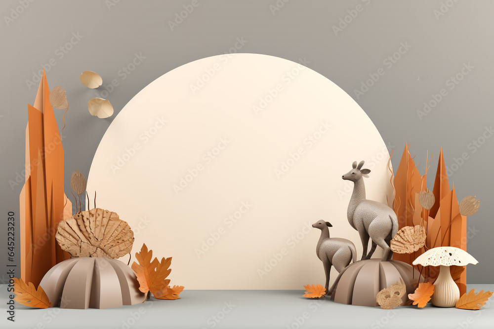 Poster 3d podium products display background with autumn leaves,mushrooms,animal on the left with copy spac