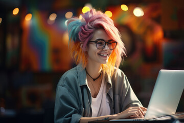 woman designer working on computer , night time, AI Generated