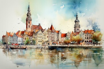 Artistic watercolor portrayal of Rzeszow's urban skyline. Generative AI
