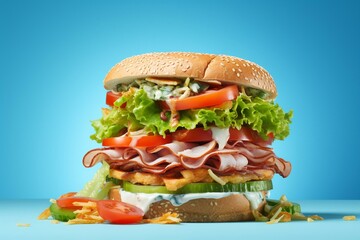 A vibrant sandwich with ham, lettuce, cheese, and veggies on a blue backdrop. Generative AI