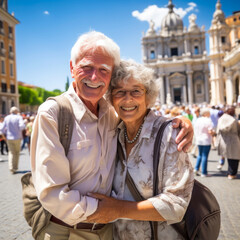 Senior couple together on a day of sightseeing or relaxing in an Italian plaza. Traveling the world together in a mature age, enjoying retirement life. Shallow field of view.