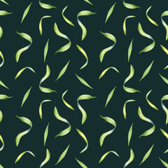 Palm leaves of acai tree watercolor seamless pattern isolated on dark. Green brunch of tropical palm, exotic leaf hand drawn. Design element for wrapping, packaging, textile, background, paper