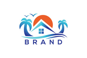 Trendy and minimal vacation or home and palm tree vector logo design