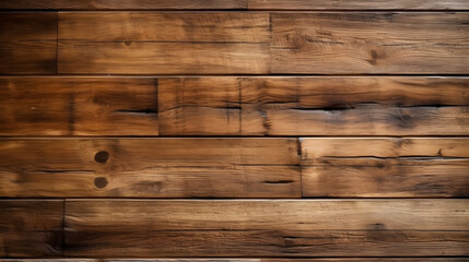 Medium brown wood texture background viewed from above. The wooden planks are stacked horizontally and have a worn look. This surface would be great as design element. generative ai. - obrazy, fototapety, plakaty