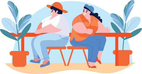 Hand Drawn Overweight couple having a drink at a bar by the sea in flat style