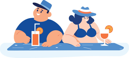 Hand Drawn Overweight couple having a drink at a bar by the sea in flat style