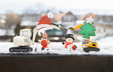 Looking forward to the Christmas holidays, New Year's business greetings. toy excavators, snowman...