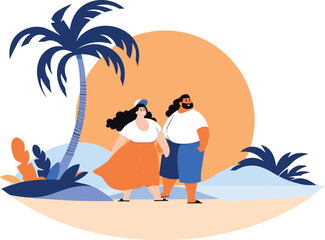 Hand Drawn overweight Tourists relaxing by the sea on vacation in flat style