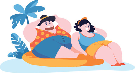 Hand Drawn overweight Tourists relaxing by the sea on vacation in flat style